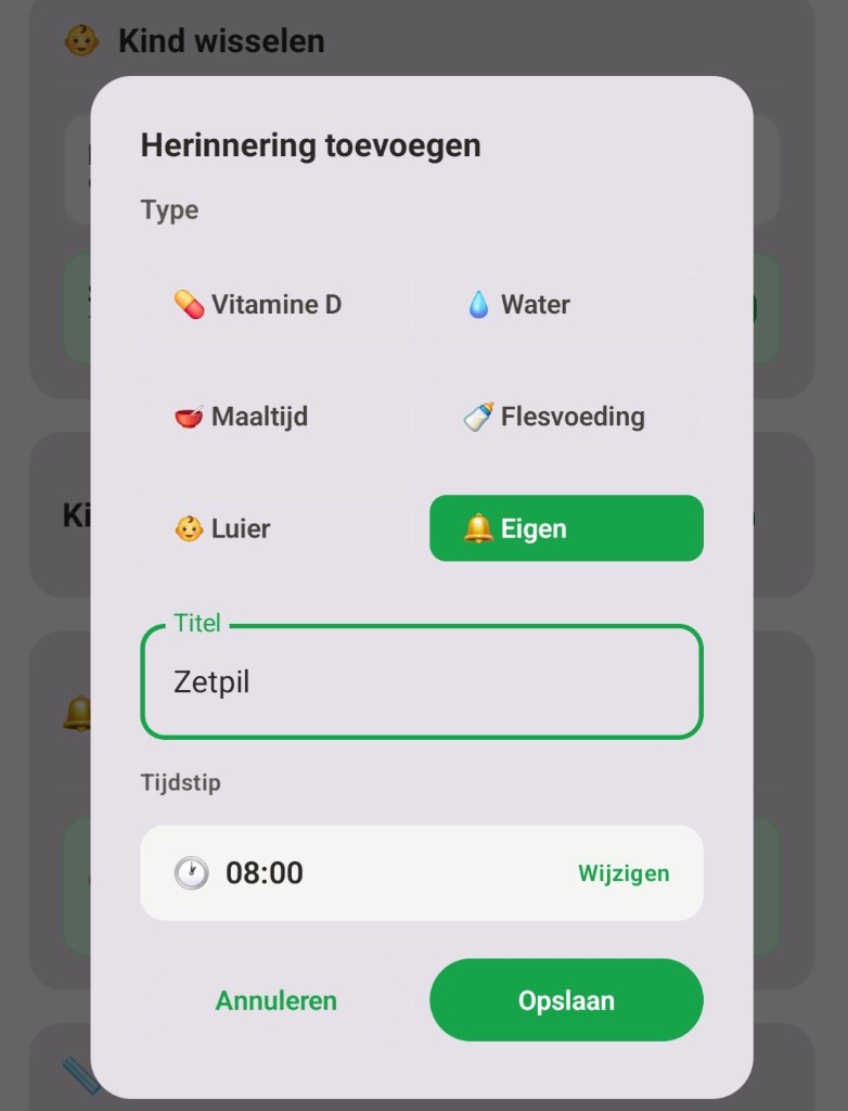 Voedi dialoog Herinnering toevoegen met type, titel en tijdstip