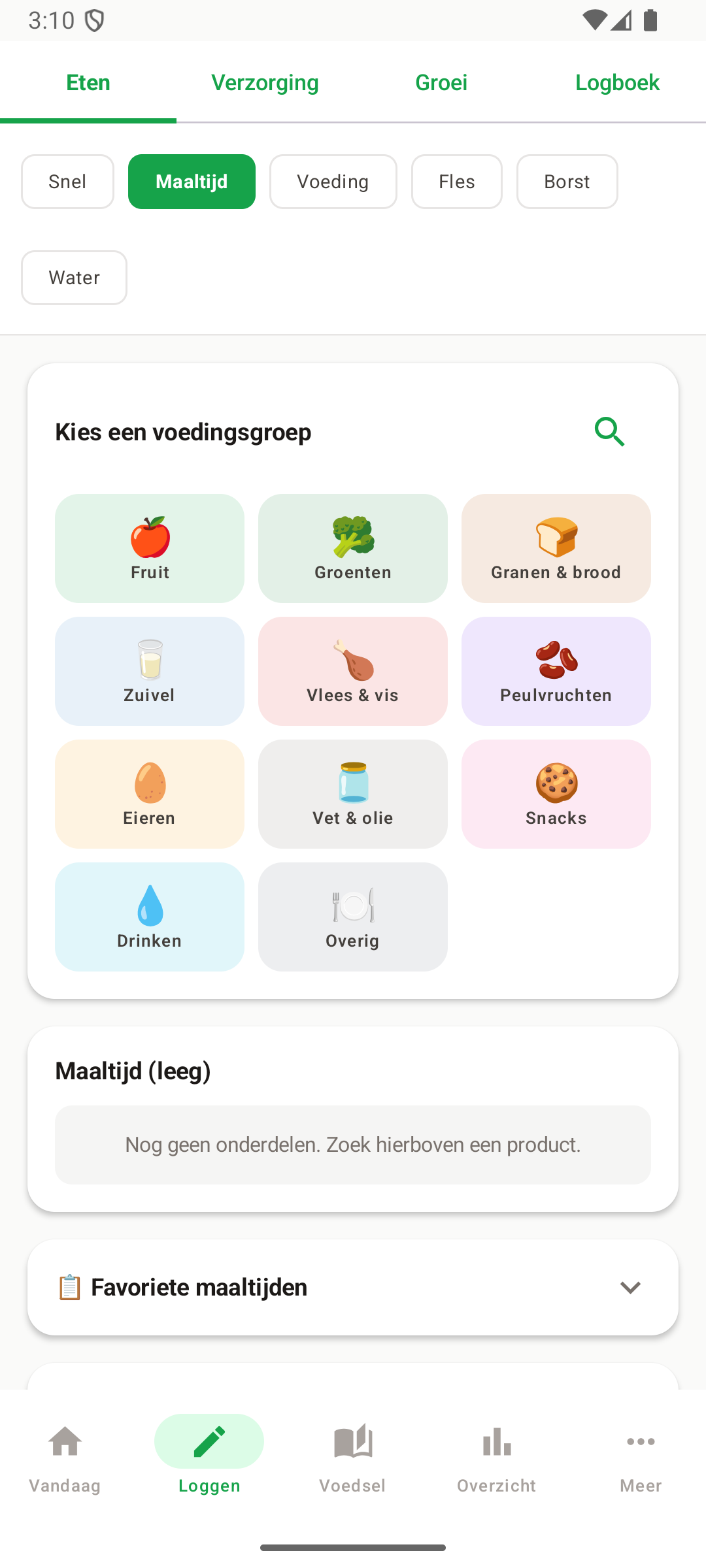 Voedi loggen maaltijd: kies een voedingsgroep met iconen