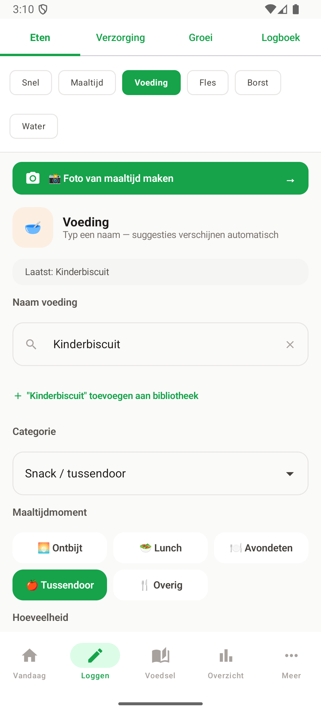 Voedi voeding invoeren met optie voor foto van maaltijd