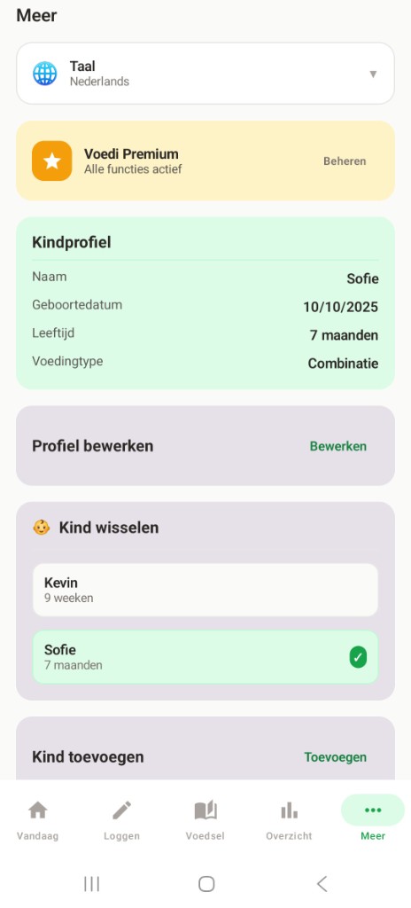 Voedi scherm Meer: taal, Premium, kindprofiel en kind wisselen