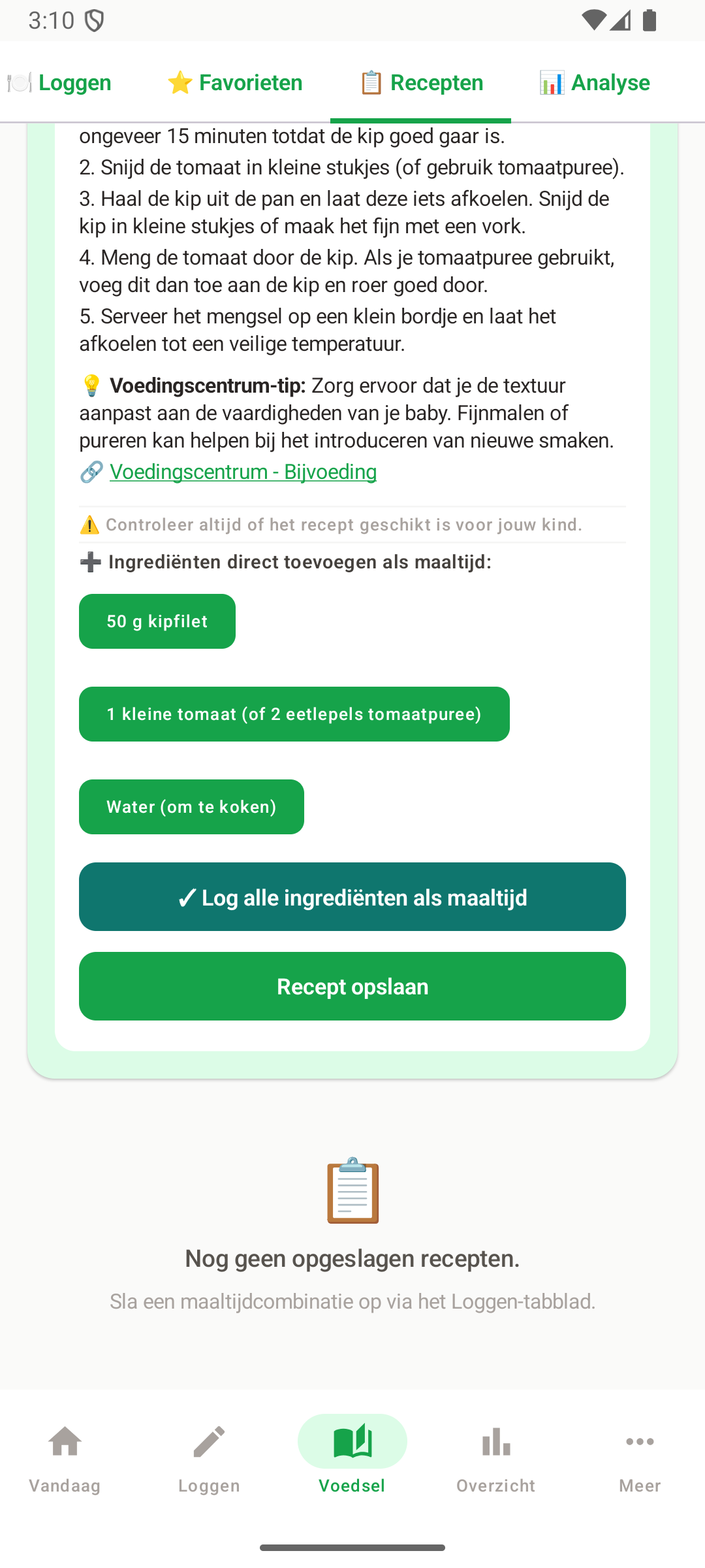 Voedi recept: stappen, ingrediënten loggen en recept opslaan
