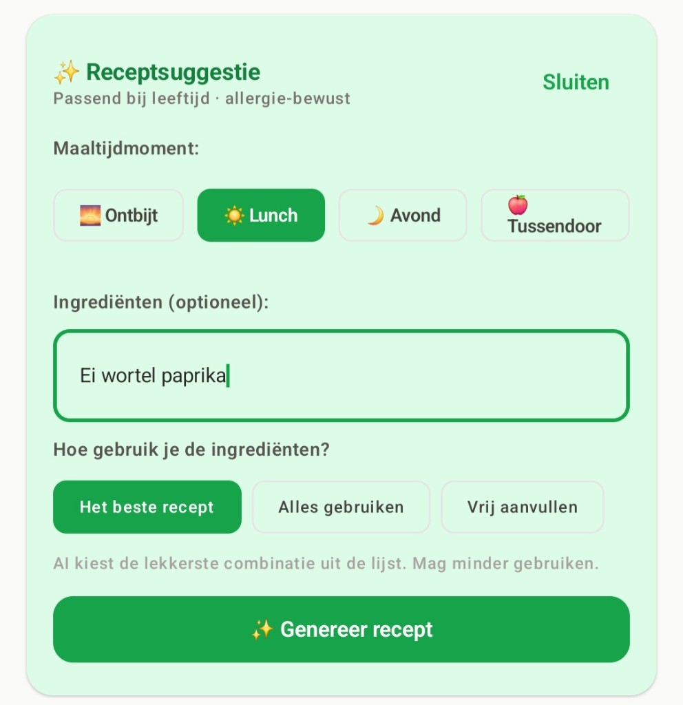 Voedi receptsuggestie: maaltijdmoment, ingrediënten en genereren