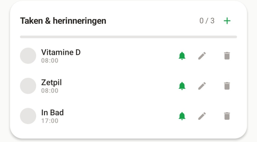 Voedi lijst Taken en herinneringen met tijden en acties