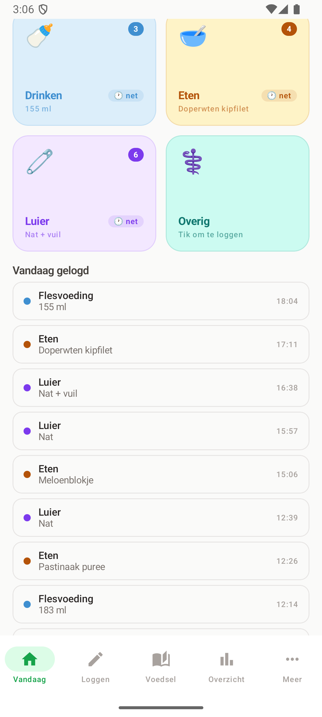Voedi tijdlijn Vandaag gelogd met fles, eten en luiers
