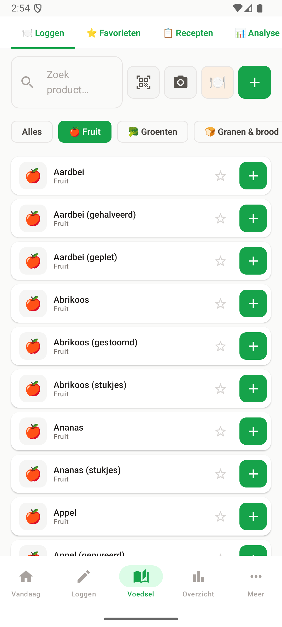 Voedi voedsel: zoekbalk, categorie fruit en productlijst